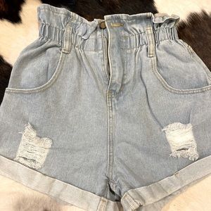 Cinched Waist High Waisted Jean Shorts